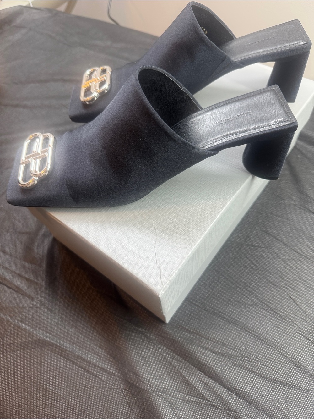 Balenciaga Black Satin Mules with Silver BB Emblem - Picture 3 of 6